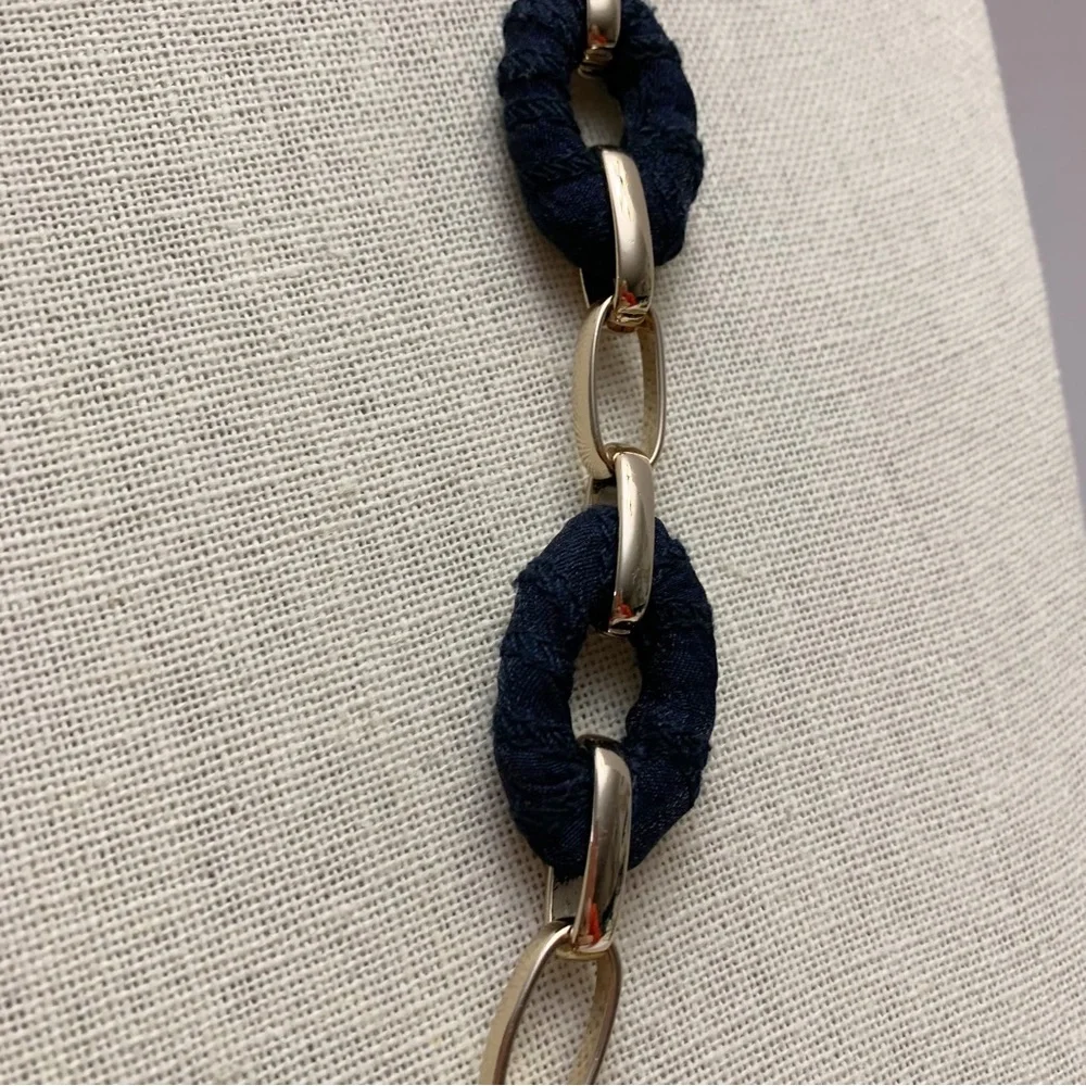 Ann Taylor navy blue gold cloth wrapped chunky chain nautical necklace coastal